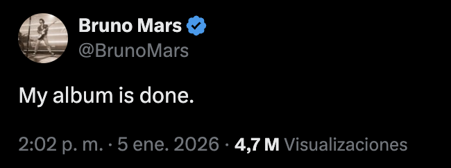 Bruno Mars anuncia que su próximo álbum ya está terminado
